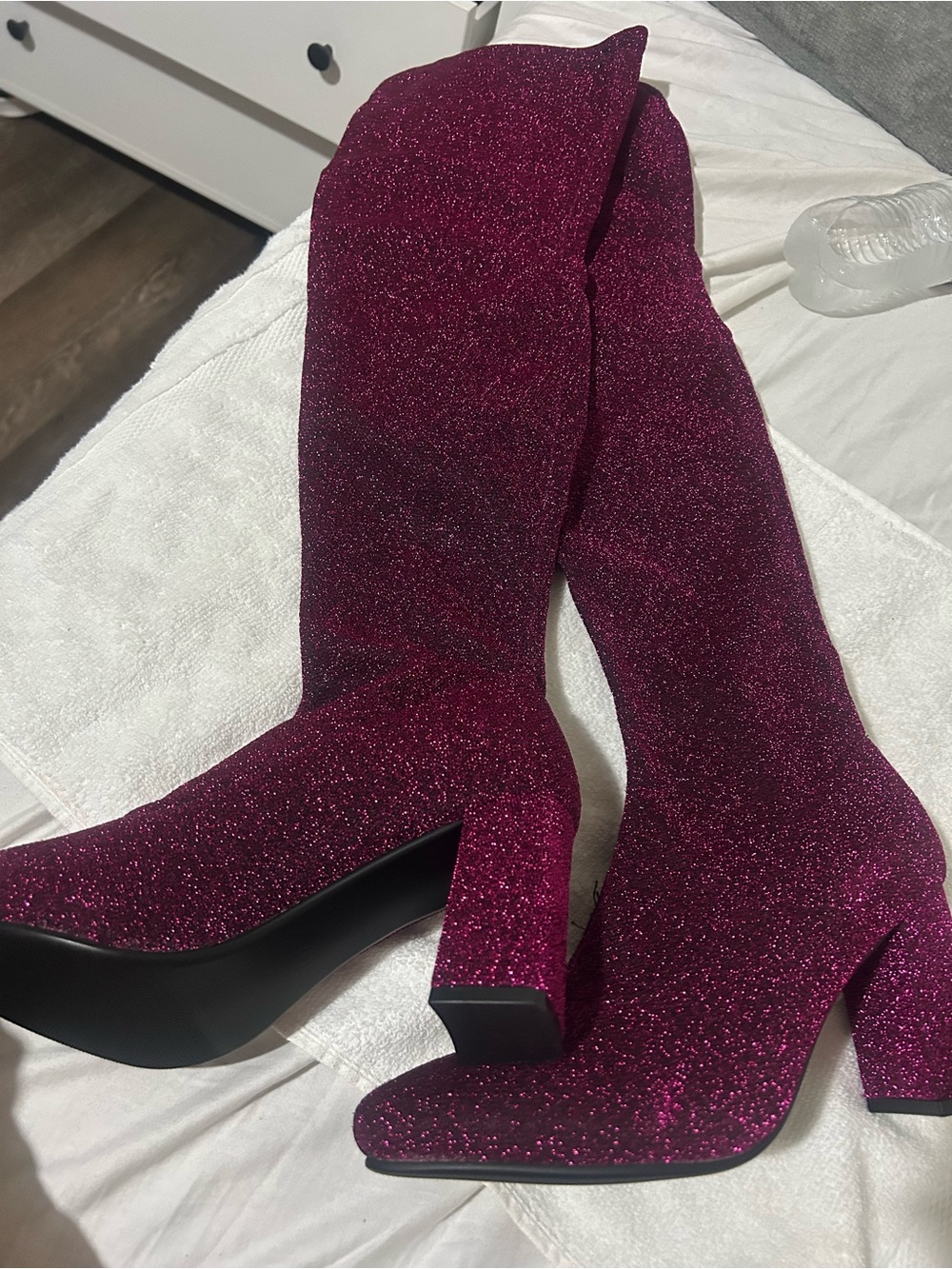 Glitter Over-the-Knee Block Heel Boots - Fuchsia